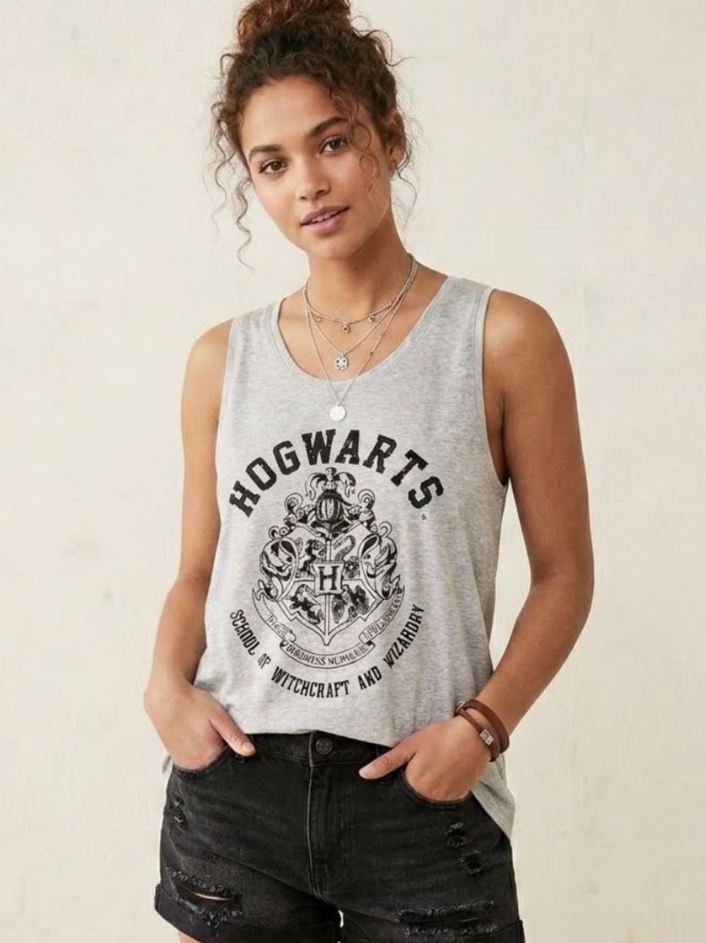Harry Potter Hogwarts School Seal Crest Gray Racerback Tank Top Sporty Sz Small